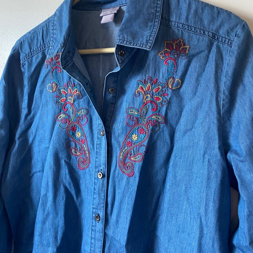 Laura Scott Denim Embroidered Shirt Womens S/C Blue Western 3/4 Sleeve